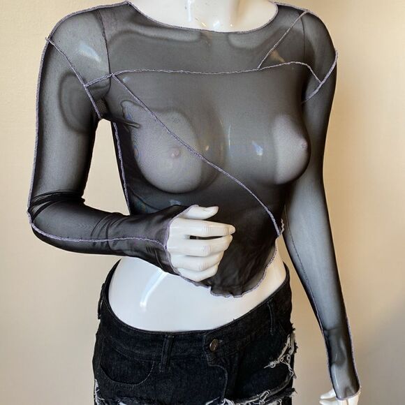 Dolls Kill Brand DARKER WAVS Asymmetrical Black Mesh Long Sleeve Top - Picture 3 of 6